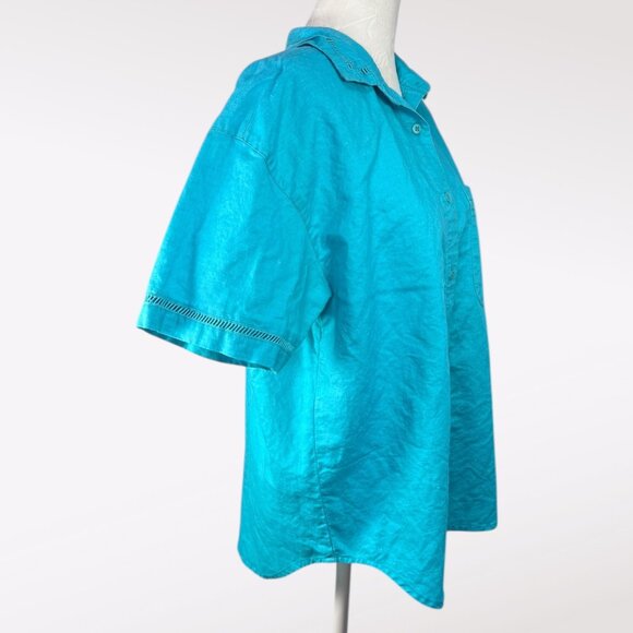 Vintage 90s Blue Button Up Shirt Eyelet Trim Boxy Fit Top Small - Picture 6 of 9